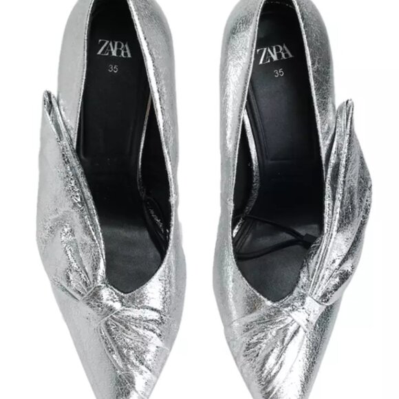 ZARA Silver Metallic Bow Heels - BRAND NEW - Picture 2 of 8